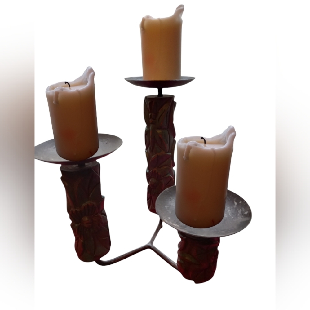 Rustic Iron and Wood Vintage Triple Pillar Candle Stand